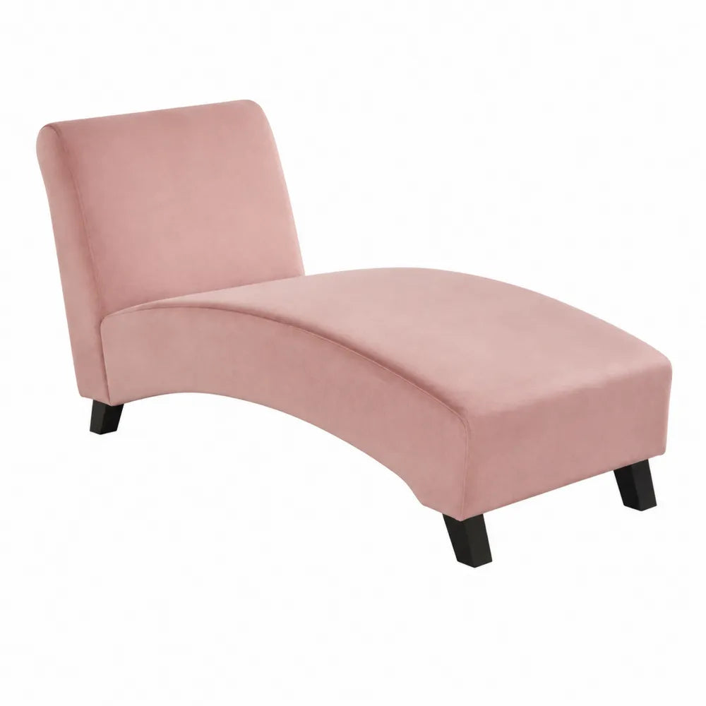 Chaise longue curva in tessuto rosa con gambe in legno