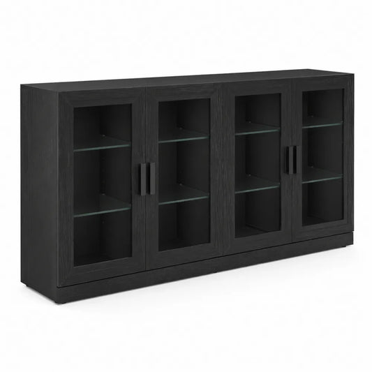 Credenza in Legno e Vetro Nero a Quattro Ante