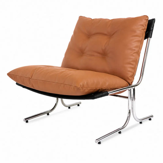 Sedia lounge in metallo cromato con cuscini in ecopelle marrone