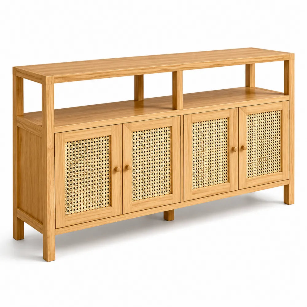 Credenza in Legno e Rattan con 4 Ante