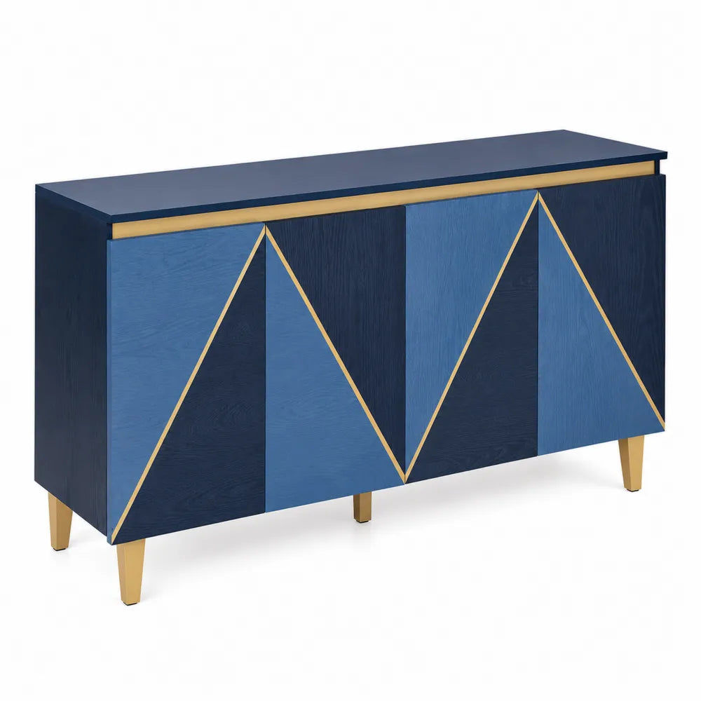 Credenza in legno con motivi geometrici blu e oro