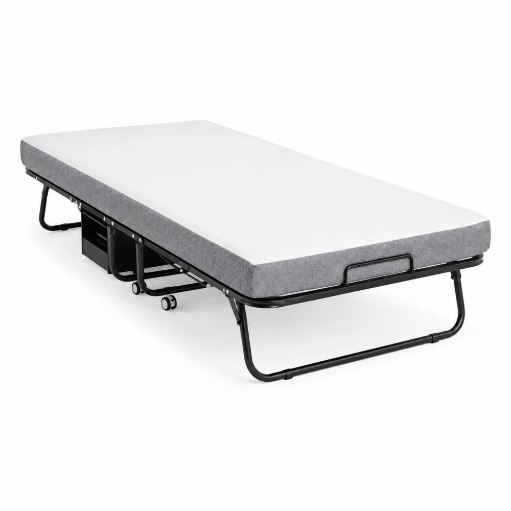 Letto pieghevole singolo in metallo con materasso grigio