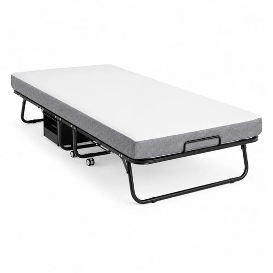 Letto pieghevole singolo in metallo con materasso grigio
