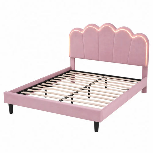 Letto matrimoniale in velluto rosa con testiera sagomata LED, struttura in legno e metallo, 200x160 cm