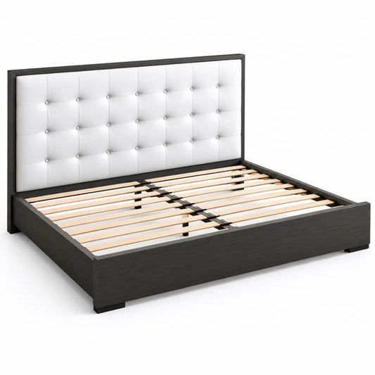 Letto matrimoniale in legno con testiera in eco-pelle bianca