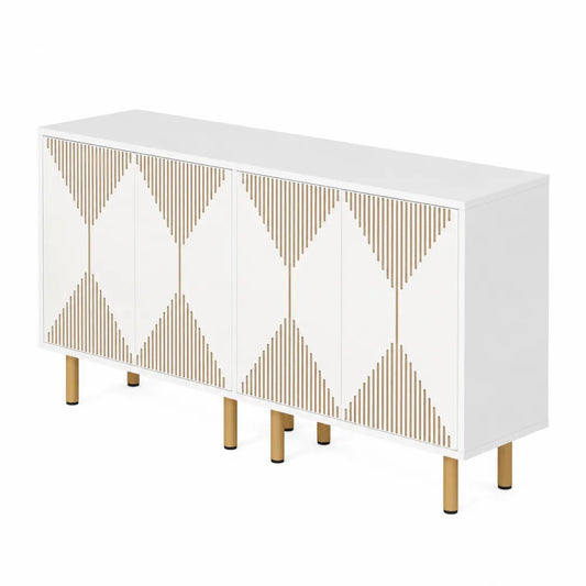 Credenza in MDF Bianca con Decorazioni Geometriche, 4 Ante