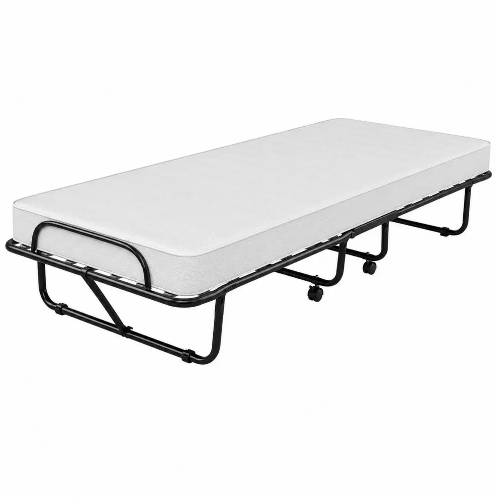 Letto pieghevole singolo con materasso bianco telaio in metallo