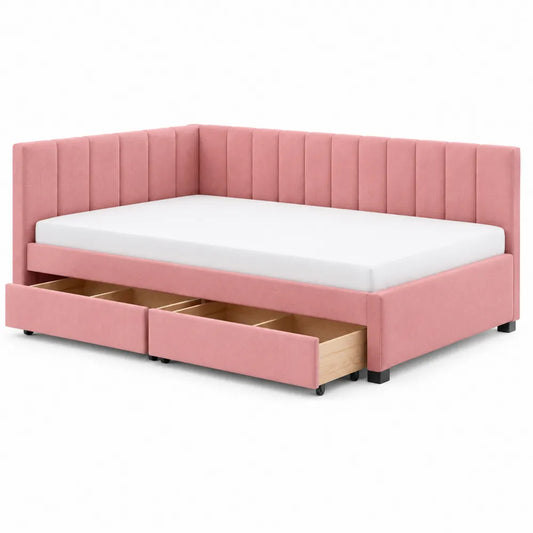 Letto angolare in tessuto rosa con cassetti contenitori 210x150x90 cm